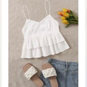 Layered Hem Baby Doll Peplum Ruffle Camisole with Hidden Side Zipper - White